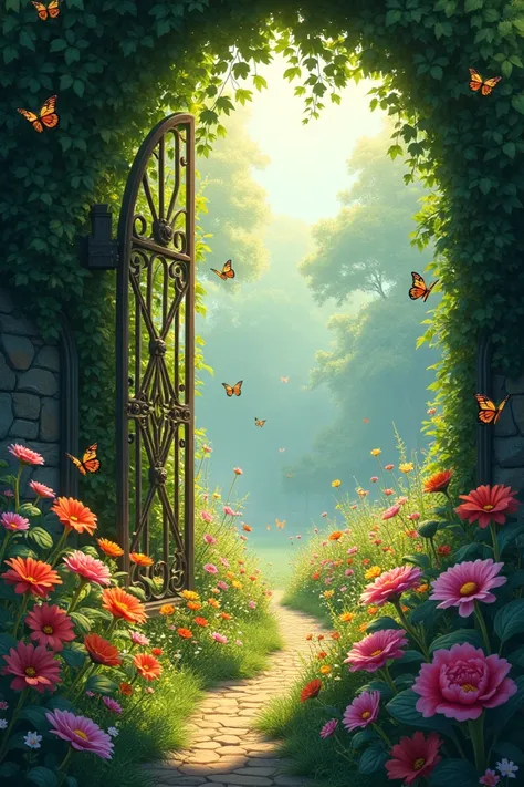 A lush, magical garden with vibrant, colorful flowers and butterflies flitting through the air. The gate, overgrown with ivy, is partially open, and sunlight filters through the trees, casting a soft glow over the scene.