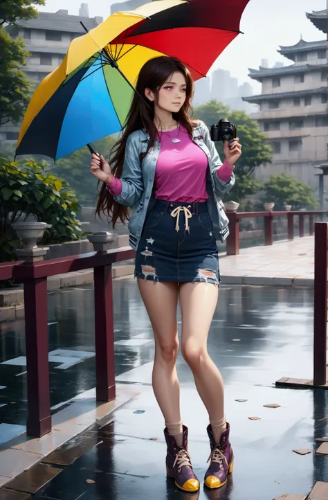 young woman, standing posed, holding a colorful umbrella, public park, city building, DSLR camera, (+forehead, long hair, half up half down), wearing light gray long sleeves jacket,  magenta crop undershirt, dark-blue denim pencil mini skirt with white rop...