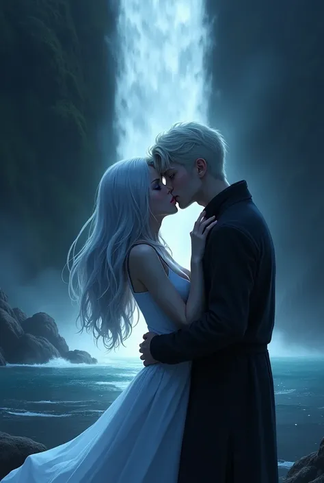  A couple kissing in front of a waterfall at night .  The woman with silver hair and blue eyes and the man with light hair and intense green eyes.  She wears a white dress and he wears black clothes . 

