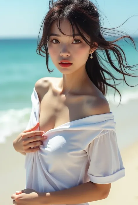 (( girl walking on Japans blue ocean beach taking off her t-shirt:1.3))、((close ~ eye:1.3))、((LOL:1.3))、(( please open your mouth wide:1.3))、((Take off your t-shirt:1.5))、((Chest close-up:1.3))、((Side View:1.5))、(( tanned skin:1.3))、((Windy:1.5))、((Wearing...