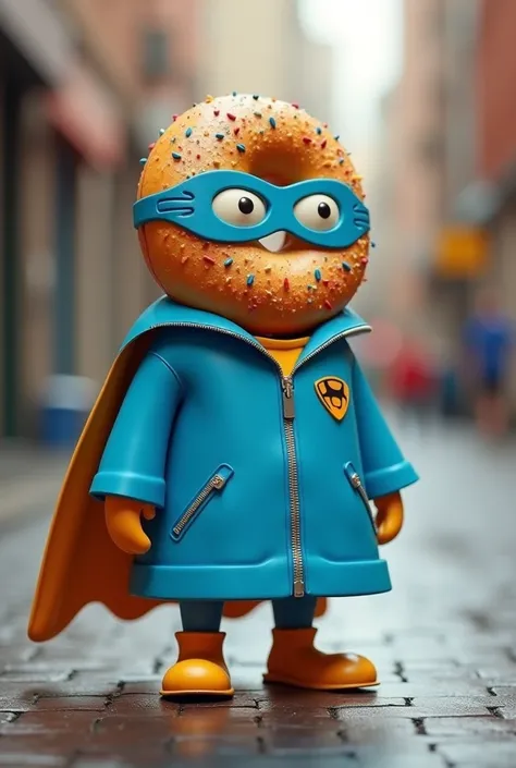  bagel with icing and sprinkling ,  in a blue superhero raincoat , in the mask of a superhero,  with small handles and legs