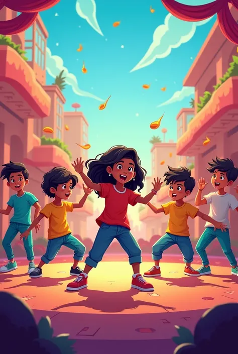 indian boys and girls (age 7-14) dancing in hiphop song stage cartoon style give space to put text on the bottom
