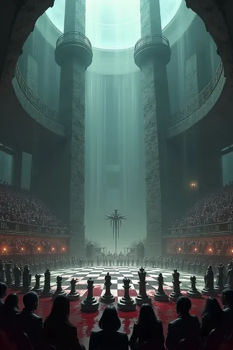   An underground grandstand ,   filled with important people  , in a grand arena  ,   covered by a faint light  .  Two tall stone towers and two tall glass booths. In the center of the arena a huge chessboard with blood , In black and white.