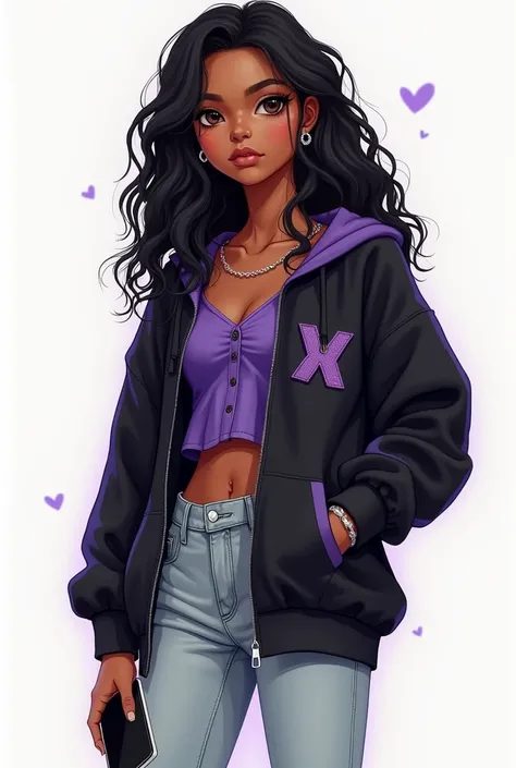  Im a teenager,  long curly black hair ,  I use a device ,  I have dark eyes ,  Im brown , Im short ,  round face, cool blouse, black sweatshirt with purple and light jeans