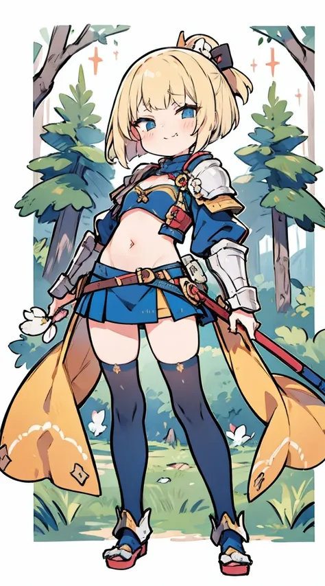  mature woman with blonde bob hair, Blue eyes,  miniskirt is yellow、Japanese warrior armor ,（Armor is dark blue ）、 he was laughing a lot , medium breasts, sticking out his butt so much ,  stockings、Full body composition、Belly button exposed、 blush,  open h...