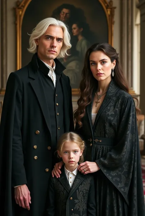 draco malfoy, His wife Astoria with dark brown hair,  his son Scorpius and a sister of Scorpius who is er 