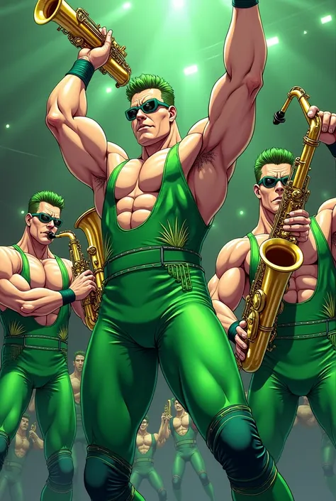 Pro wrestlers wearing glasses are taking command
green uniform
anime style
full body
Im playing the saxophone