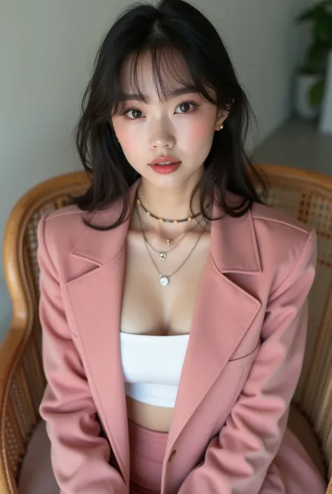 Wide angle shot, white crop top with wide collar, pink suit over it and a short skirt of the same color, wearing sexy stockings. Low angle shot, very cute Korean girl, staring at the viewer, round youthful face, full set of accessories, Thai style necklace...