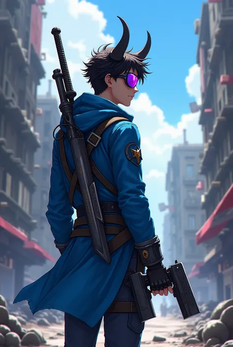 A young male with a sword looking in profile at a post-apocalyptic city with a sword and two guns only , cow ears on a building his clothes are blue with a cyberpunk theme high resolution he has blue eyes and a purple visor