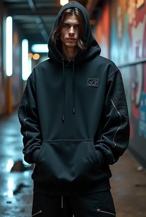 A confident male model showcasing a bold, oversize streetwear outfit from the brand CAP. Both the hoodie and joggers are designed in an oversized fit, reflecting a relaxed yet stylish vibe. The hoodie features a premium, matte black fabric with intricate, ...