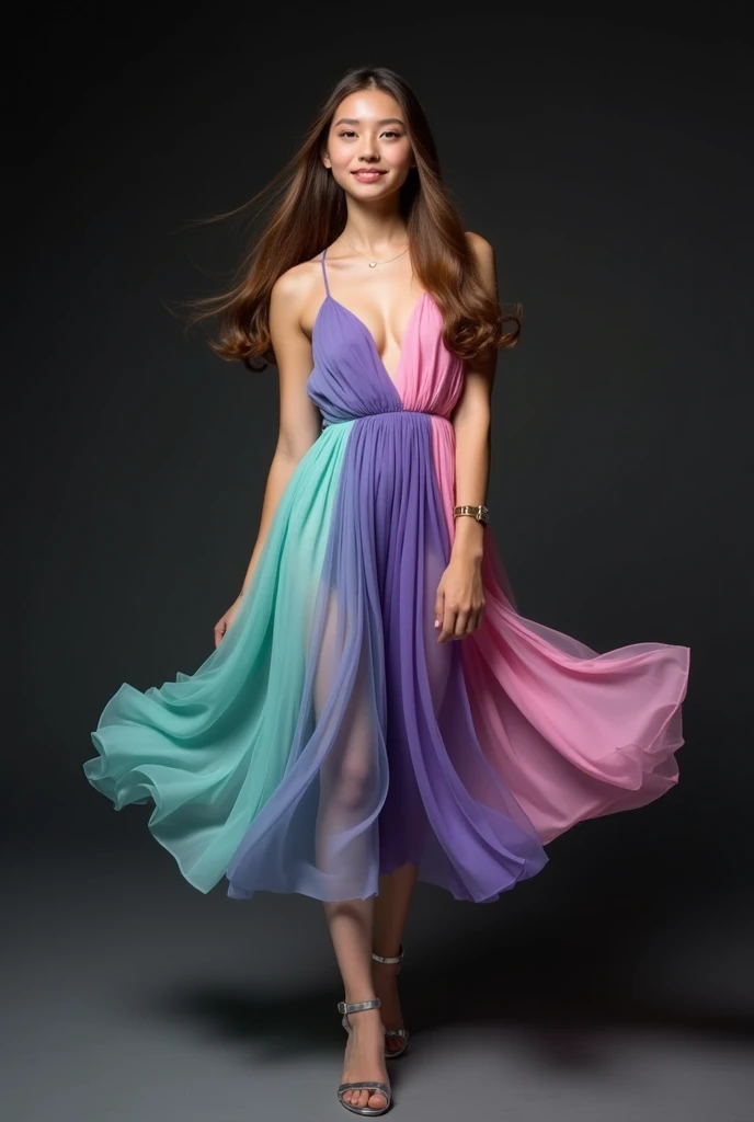 A young woman with long, straight brown hair styled naturally. She has a fair complexion and delicate facial features, including soft, rounded cheeks and expressive eyes. She is wearing a colorful sleeveless dress with a deep V-neckline, featuring a flowin...