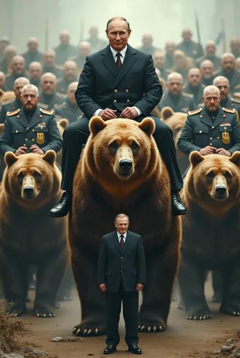 Putin is sitting on a brown bear .  Behind him is an entire army with men on brown bears . Zelensky stands in front of him peeing in his pants
