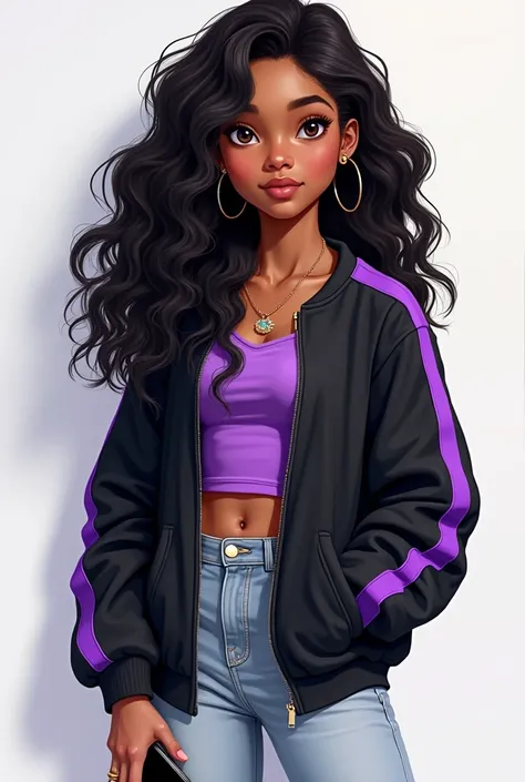  Im a teenager,  long curly black hair ,  I use a device ,  I have dark eyes ,  Im brown , Im short ,  round face, cool blouse, black sweatshirt with purple and light jeans