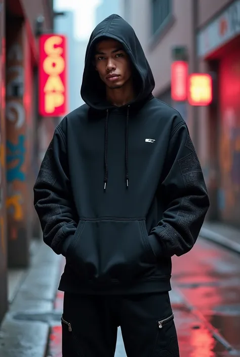 A confident male model showcasing a bold, oversize streetwear outfit from the brand CAP. Both the hoodie and joggers are designed in an oversized fit, reflecting a relaxed yet stylish vibe. The hoodie features a premium, matte black fabric with intricate, ...