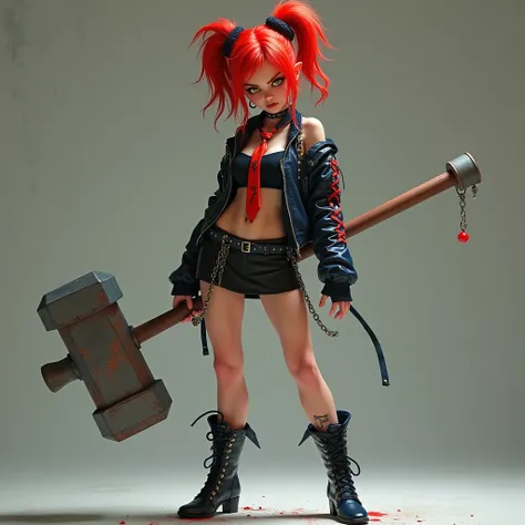 Punk Teen Girl, , irritated look , Holding a giant hammer, Red hair, Twinkle Tie ,  yellow eyes, Black bodysuit , Low Waist,  Black Short Skirt , Black tights,  Dark Blue High Heels