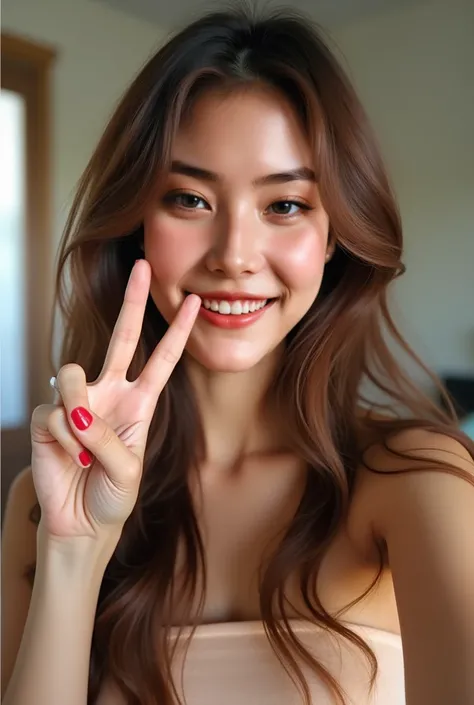 Beautiful girl with wavy long hair tied behind shoulder, holding a v sign near head, selfie