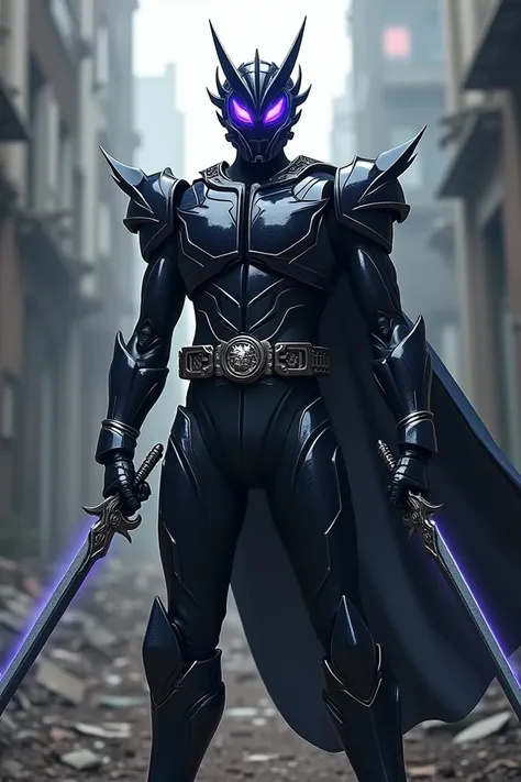 Kamen rider with black suit and blue mark stripe with purple eyes holding 2 sword