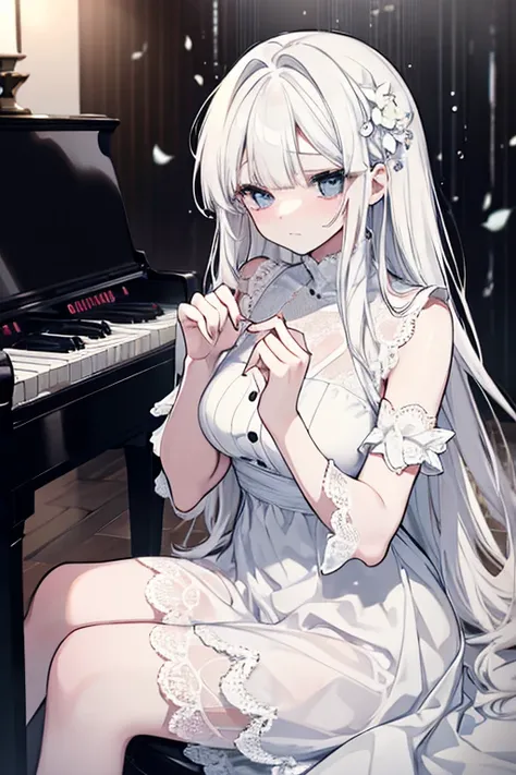 a beautiful woman with white hair, wearing a lace dress, playing the piano in the heavy rain, sad and in tears, singing a ballad, heartbreak song