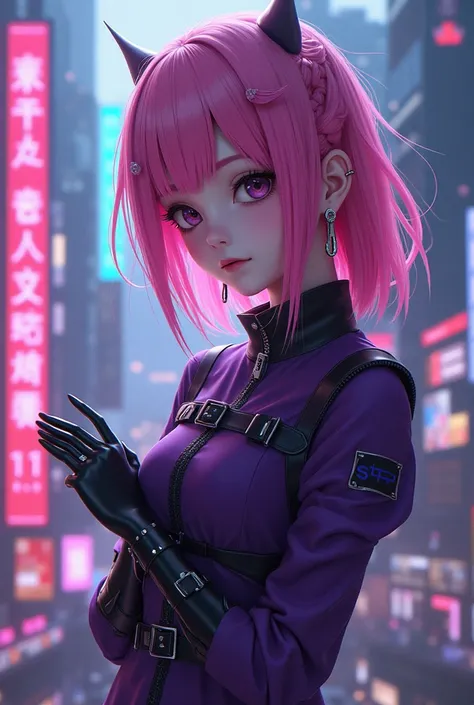 Anime girl with pink hair and purple dress with black gloves, cyberpunk art inspired by Rei Kamoi, pixiv contest winner, shin hanga, cute anime girl 3d render, glitchpunk girl, 3d anime style, cute cyborg girl, sacred cyborg necromancer girl, cyberpunk ani...