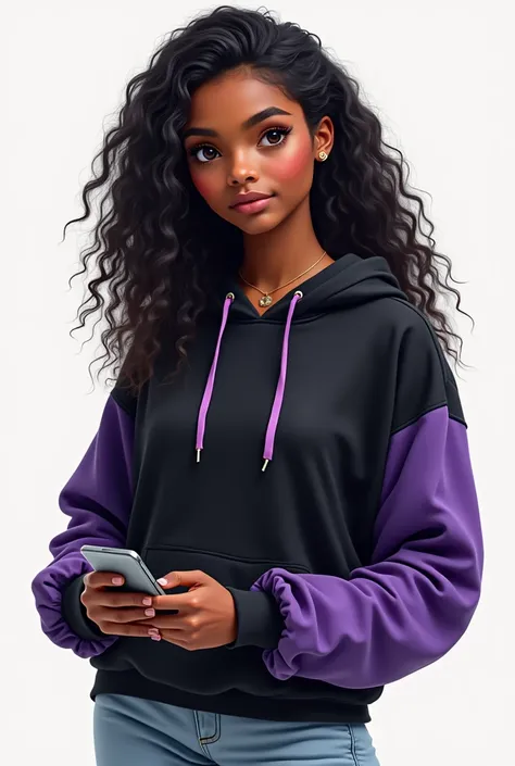  Im a teenager,  long curly black hair ,  I use a device ,  I have dark eyes ,  Im brown , Im short ,  round face, cool blouse, black sweatshirt with purple and light jeans