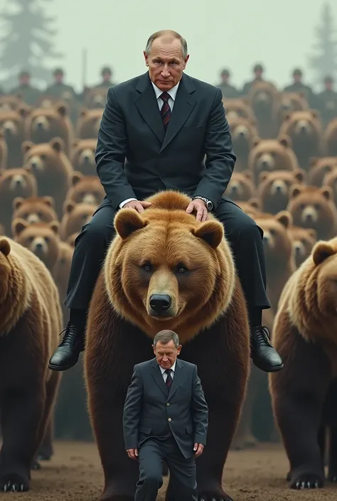 Putin is sitting on a brown bear .  Behind him is an entire army with men on brown bears . In front of him is Volodymyr Oleksandrovyč Zelensʹkyi who pees in his pants
