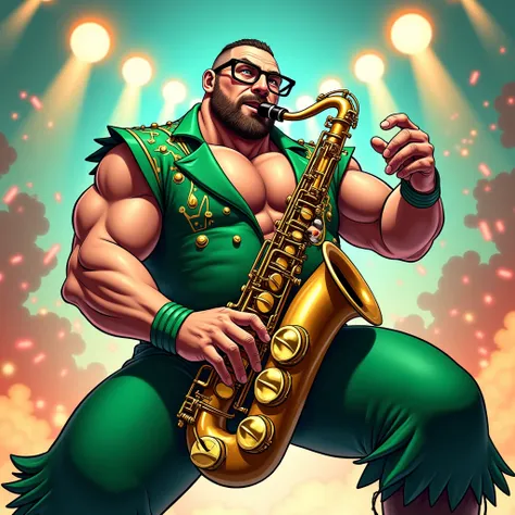 professional wrestler with glasses
green uniform
anime style
full body
Im playing the saxophone
enlisting