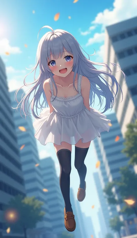 masterpiece,  best quality,  high definition ,  Very detailed,((( pretty girl with gray hair falling from the sky with a blue aura))), ((( Japanese anime))), ((( in white underwear))), ((( black high socks))), ((( brown loafers))), (((Daytime))), (((In a m...