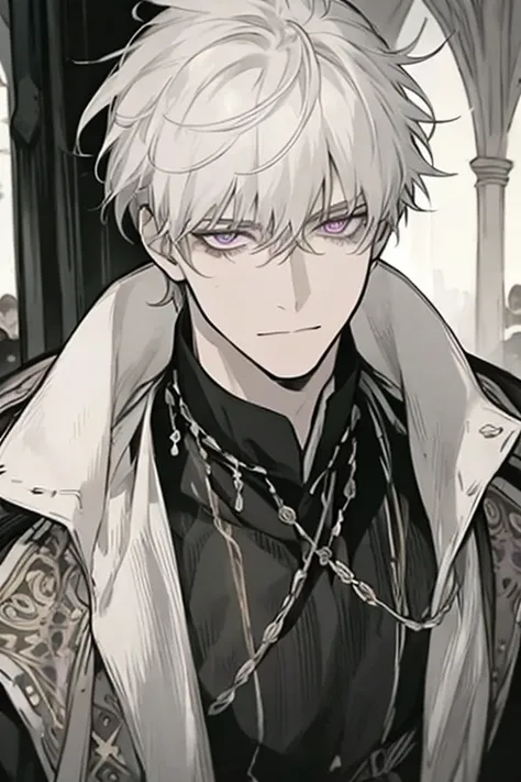 1 man, Calm, mature face, 35 year old guy, messy short with bangs, white hair, amethyst eyes, medieval times, royalty, Prince costume, dressed in black, in a castle, Condescending, close up