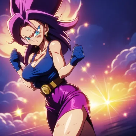 dbsuper style, 
Petite Girl, green aura, super saiyan aura, belt, purple colored hair, huge hair, bruise, bruise on face, clenched hands, frown, Mages hat, gloves, blue eyes, grey gloves, evil grin, medium breasts, petite, soft muscles, solo, spiked hair, ...