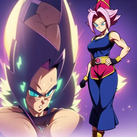 dbsuper style, 
Petite Girl, green aura, super saiyan aura, belt, purple colored hair, huge hair, bruise, bruise on face, clenched hands, frown, Mages hat, gloves, blue eyes, grey gloves, evil grin, medium breasts, petite, soft muscles, solo, spiked hair, ...