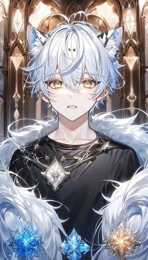 nonsense,  highres icon,  ultra fine , HDR,  fine piece ,  best quality ,  out of , White hair, with white tiger ears , My hair is messy.,  yellow eyes show emotion , Black eye bag , Servamp,  alone , Sexy man,  handsome,  Light blue hooded jacket with fur...