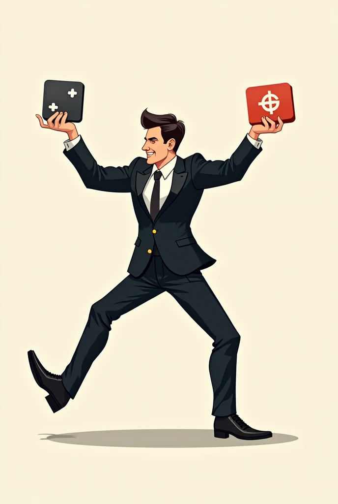 Man in black suit holding double vector funny pose