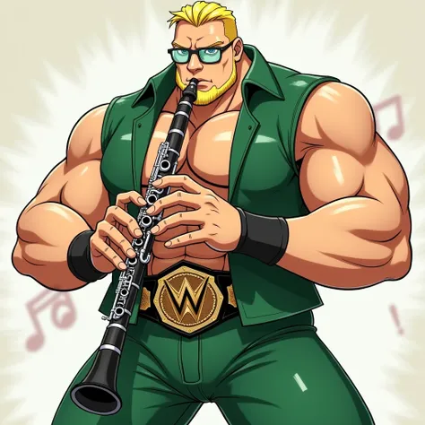 A pro wrestler wearing glasses is playing the saxophone
Blonde professional wrestler is playing the clarinet
green uniform
anime style
full body
enlisting
champion belt