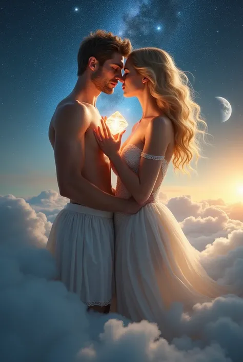 A young woman with a luminous diamond in her hands, very beautiful with naked brown skin in front of a very beautiful naked blond young man, looking very much in love, floating among clouds and in the background a starry sky and a galaxy and a nearby plane...