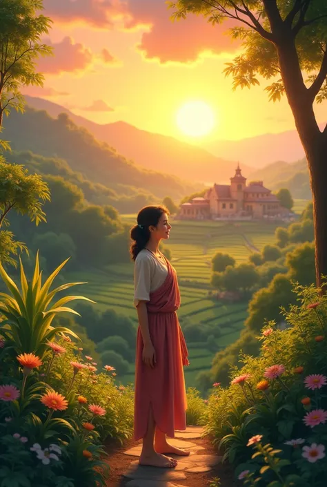 A grown-up Lila standing at the edge of the garden, now lush and thriving. She smiles warmly, with the village in the background, flourishing with crops and happy people. The sun sets, casting a golden glow over the peaceful scene.
