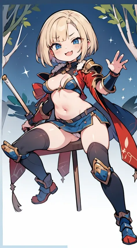  mature woman with blonde bob hair, Blue eyes,  miniskirt is yellow、Japanese warrior armor ,（Armor is dark blue ）、 he was laughing a lot , medium breasts, sticking out his butt so much ,  stockings、Full body composition、Belly button exposed、 blush,  open h...