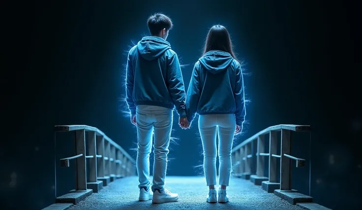 Taiwanese woman and man in white pants and blue jacket standing in small bridge front of black background,  hologram, tumblr, holography, ( ( ( wearing jeans ) ) ), full body wide shot 