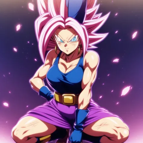 dbsuper style, 
Petite Girl, green aura, super saiyan aura, belt, purple colored hair, huge hair, bruise, bruise on face, clenched hands, frown, Mages hat, gloves, blue eyes, grey gloves, evil grin, medium breasts, petite, soft muscles, solo, spiked hair, ...