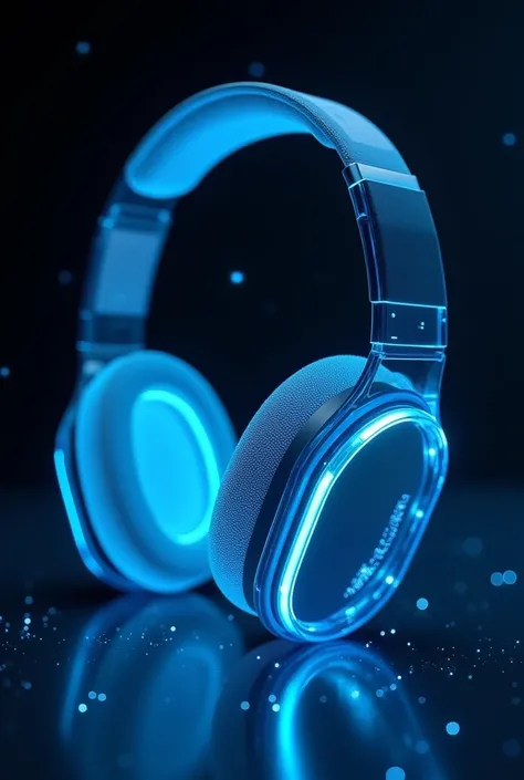 futuristic, glowing blue headphones with a translucent and high-tech appearance, placed against a dark background with sparkling lights.