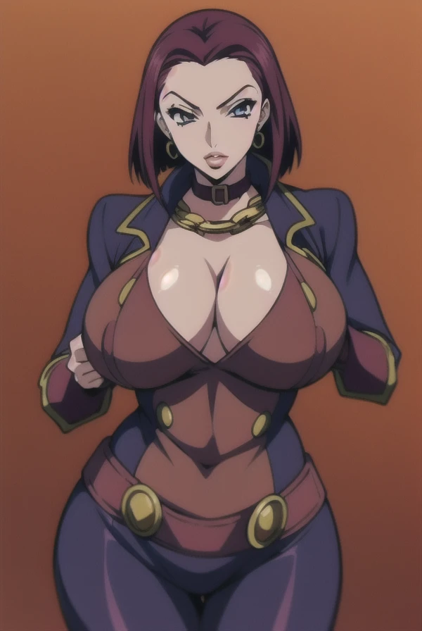 Kallen Kozuki,Big breast,Milf,Eyeshadow,red Lipstic,Stud earring,Hoopa bracelet,Maroon hair,Blue eyes,Enchanted big breast,Curvy figure,Wide hip,Thick lips,Gold chain necklace,Long nail,bob hair,1girl,Solo,Many golden ring,1hand on hip,Tight black Pilot su...