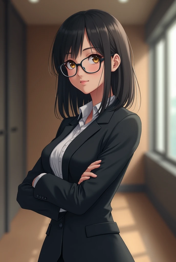 a young girl, Medium black hair, de oculos, Brown eye,  with lawyer clothes 