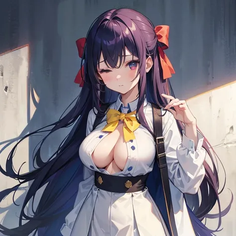  a beautiful girl with long maroon hair and big black eyes like the heroine of an RPG anime game 、  and shes wearing a blue uniform with a yellow bow,  and 。18 years old。 but her clothes are a mess   、   her chest buttons are unbuttoned いる。 has its hands o...