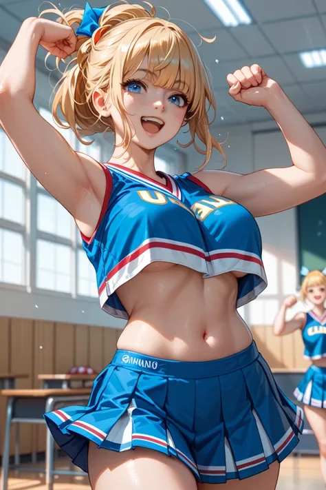 female, cute, blond hair, hair up, front bangs, curvy, big boobs, wearing white and blue cheerleader uniform, School gymnasium, cheering