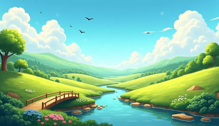 Sunny day  scenery create a wonderful image 

for s story in 2d style 