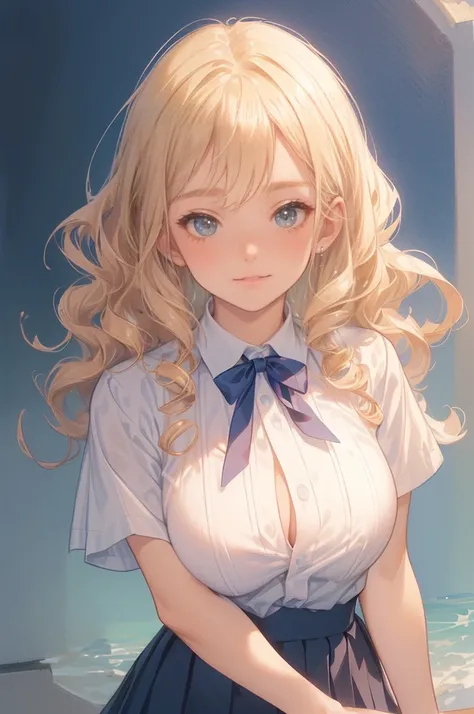 (NSFW:1.1)、(( portrait))、((Close up))、((Close up))、((Close up))、((Short sleeve white shirt、Navy Blue Ribbon))、(( dark blue pleated micro mini skirt、Beautiful thighs))、((blonde long curly hair :1.3))、((Looks happy、smile:1.3))、((Big Breasts:1.8、細身の体、Women&#3...