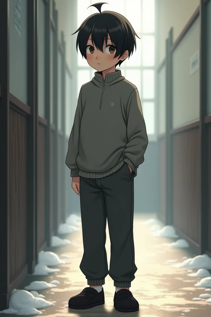 White teenage boy, short straight black hair with a tuft, thin, gray cold weather blouse, gray pants, black slipper. Shes in school . light brown eye 
