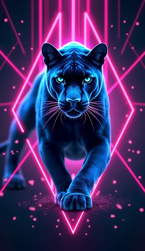 create a neon ,  cyberpunk-inspired logo of a panther with glitter ,  bright lines and vibrant colors .  The design must have futuristic details ,  an elegant and modern look ,  and use colors such as electric blue , neon pink,  and a brilliant purple . Ce...