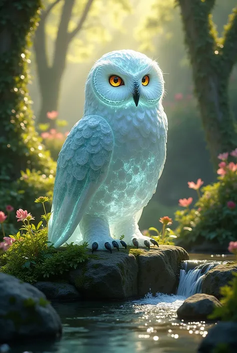 Owl made of crystal in a beutiful natural scene 