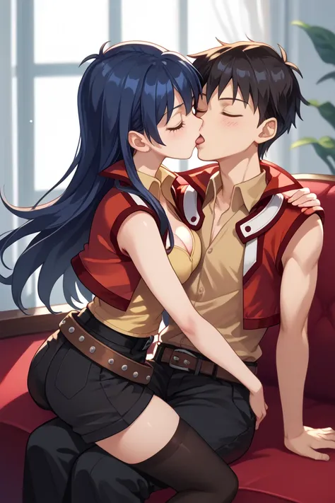 Saotome Rei, anime screencap,
aarei, long hair, blue hair, brown eyes, collared shirt, yellow shirt, red jacket, sleeveless, belt, black shorts, black thighhighs, medium breasts,  cleavage, medium breasts, cleavage, indoor,hotel,cowboy shot, blushing, inco...