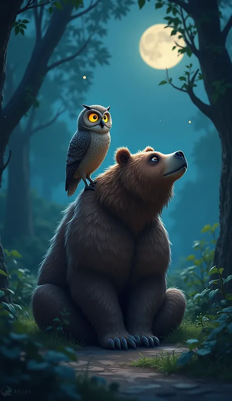 In a tranquil jungle clearing under a starlit sky, a massive bear and a wise owl share a moment of harmony. The bear’s thick fur glistens with dew as it sits calmly on its haunches, while the owl perches gracefully on its shoulder, its large eyes reflectin...